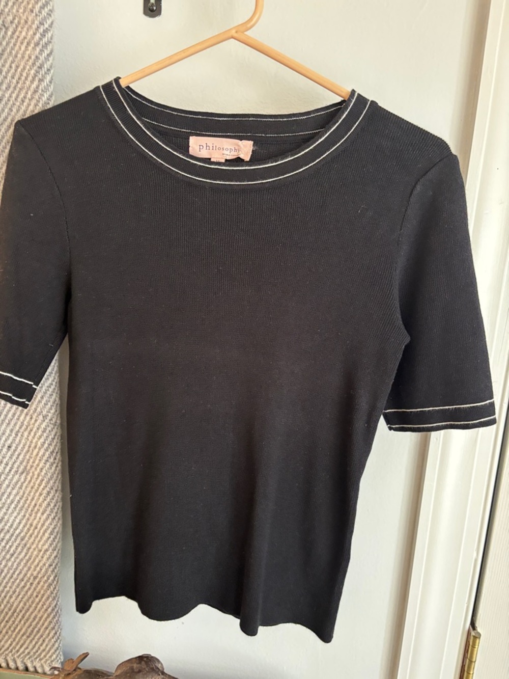 Philosophy Black Short Sleeve Ribbed Top with White Stitching